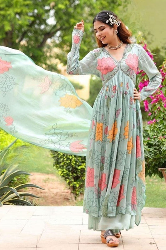 Sky Blue Color Georgette Fabric Charismatic Readymade Sharara Suit