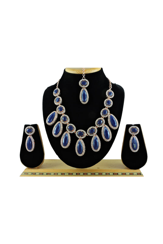 Navy Blue Cute Stone Studded Necklace Set With Earrings