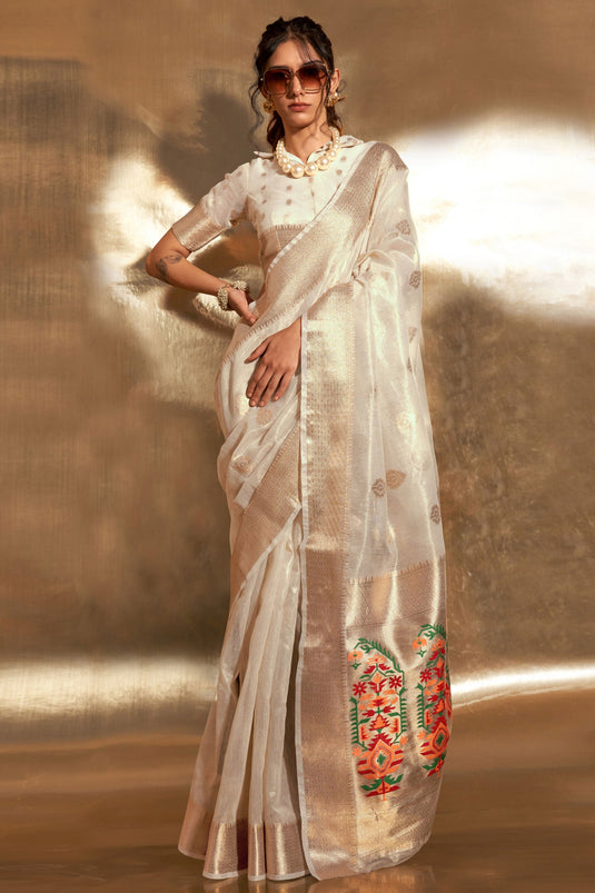 Weaving Work On Tissue Fabric Bewitching Saree In Off White Color