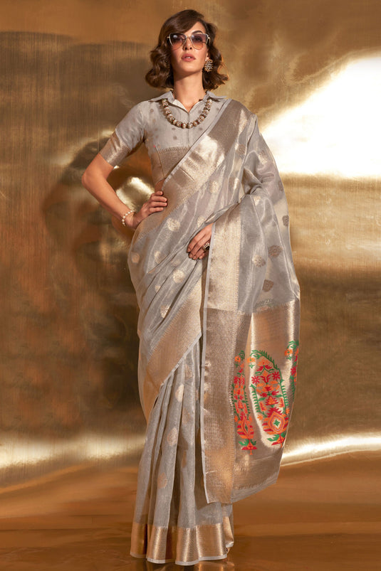 Tissue Fabric Grey Color Excellent Saree With Weaving Work