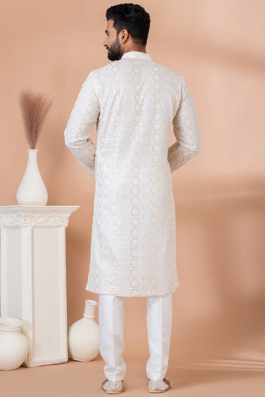 Function Wear Readymade Glamorous Sequins Embroidery Kurta Pyjama For Men In Georgette Fabric