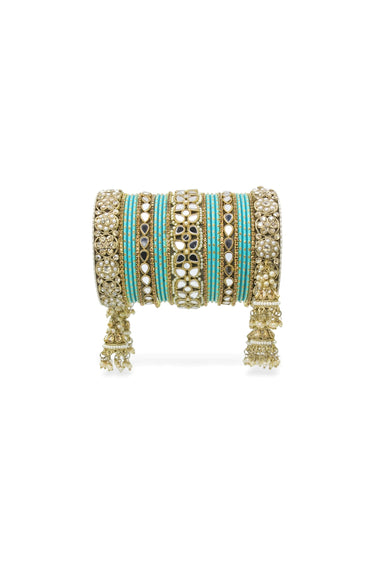 Cyan Color Alloy Material Mirror And Stone Work Wedding Wear Jhumka Bangle Set