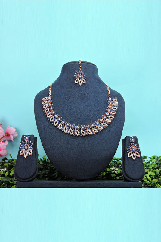 Engaging Navy Blue Color Alloy Material Necklace Set Earrings And Mang Tikka For Women