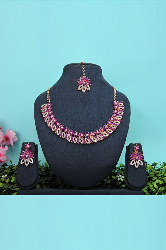 Creative Necklace Set Earrings And Mang Tikka For Women In Purple Color Alloy Material