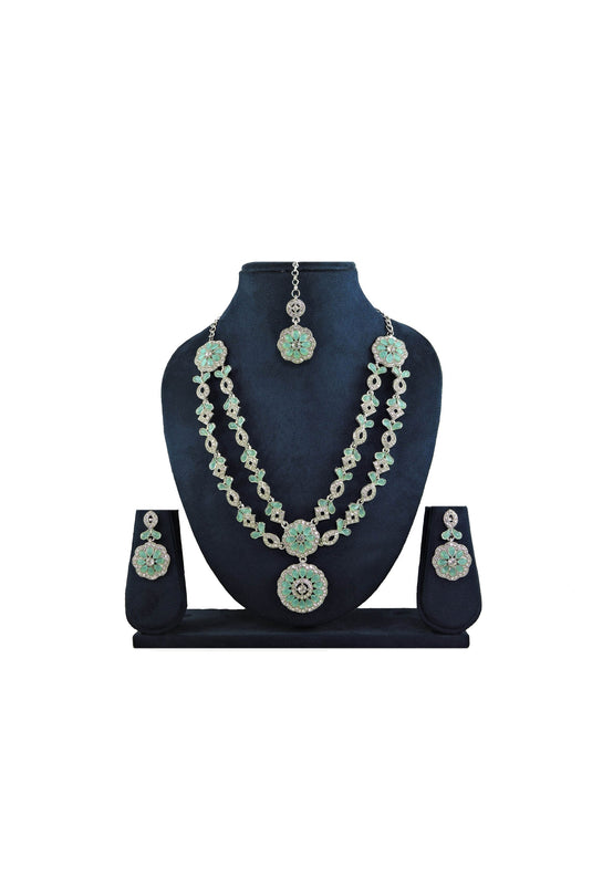 Excellent Alloy Material Sea Green Color Necklace Set Earrings And Mang Tikka For Women