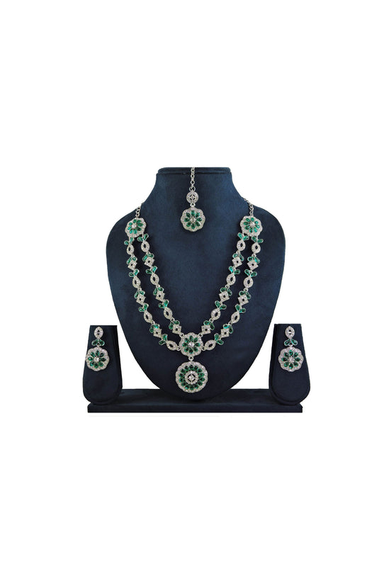 Green Color Alloy Material Function Wear Stylish Necklace Set Earrings And Mang Tikka For Women