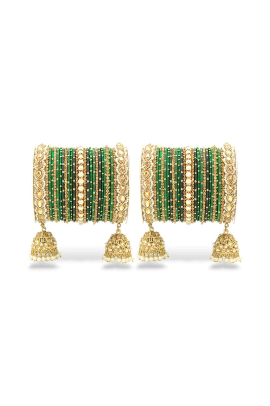 Traditional Green Color Bridal Jhumki Style Bangle Set For Two Hands In Alloy Material