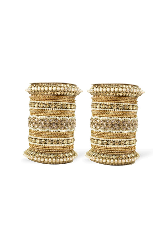 Golden Color Moti And Stone Work Alloy Bangle Set With Pacheli Kada