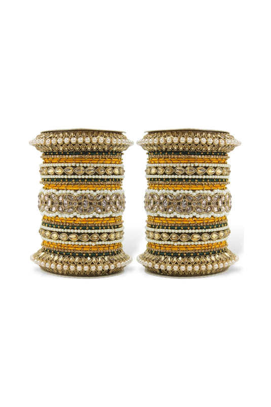 Moti And Stone Work Alloy Bangle Set With Pacheli Kada In Yellow Color