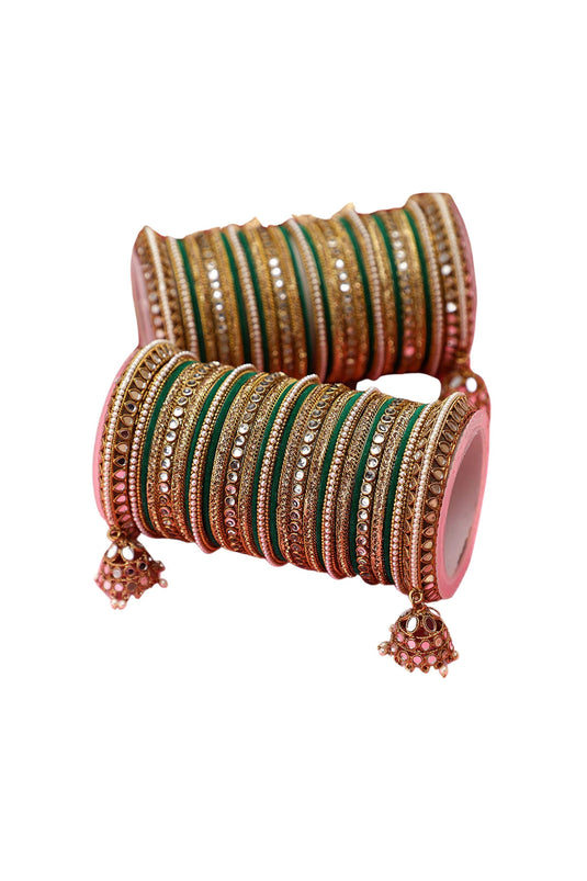 Green Color Riveting Mirror Work Alloy Bangle Set With Jhumki