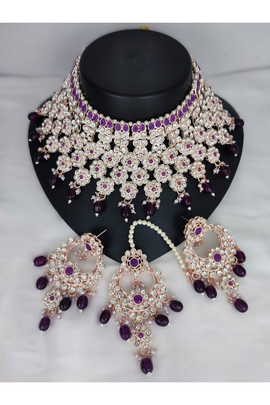 Purple Stone Alloy Material Coveted Necklace Set With Earrings And Mang Tikka For Girls And Women