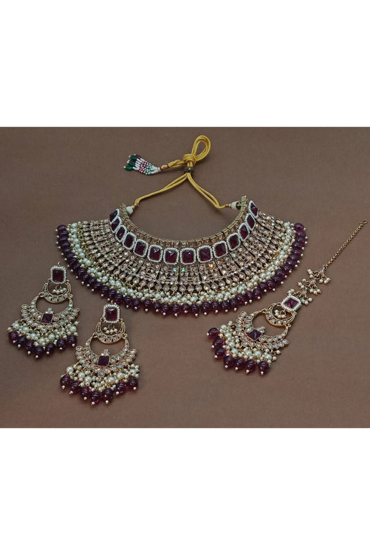 Amazing Maroon Stone Alloy Material Necklace Set With Earrings And Mang Tikka