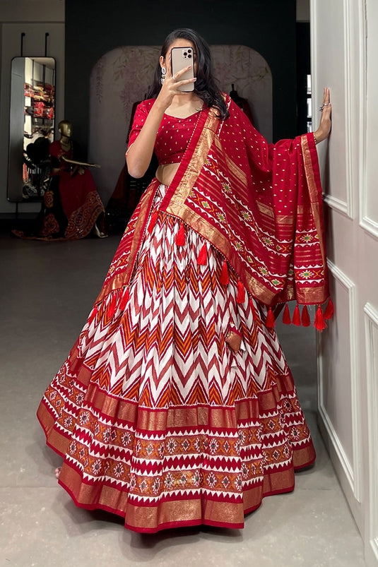 Blazing Red Color Function Wear Foil Printed Work Art Silk Lehenga