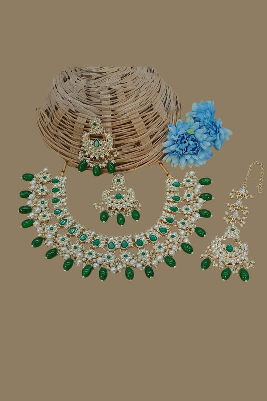 Alloy Material Green Color Magnificent Necklace Set Earrings And Mang Tikka For Women