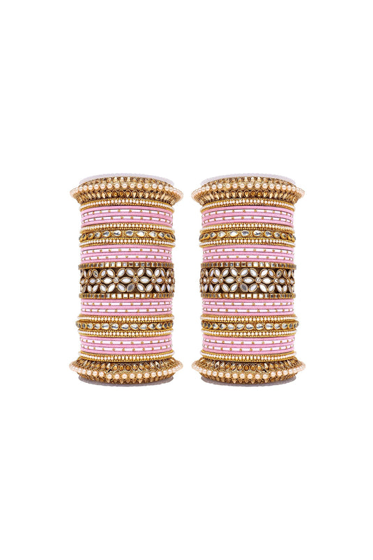 Pink Color Alloy Material Incredible Bridal Bangle Set With Flower Mirror Kada