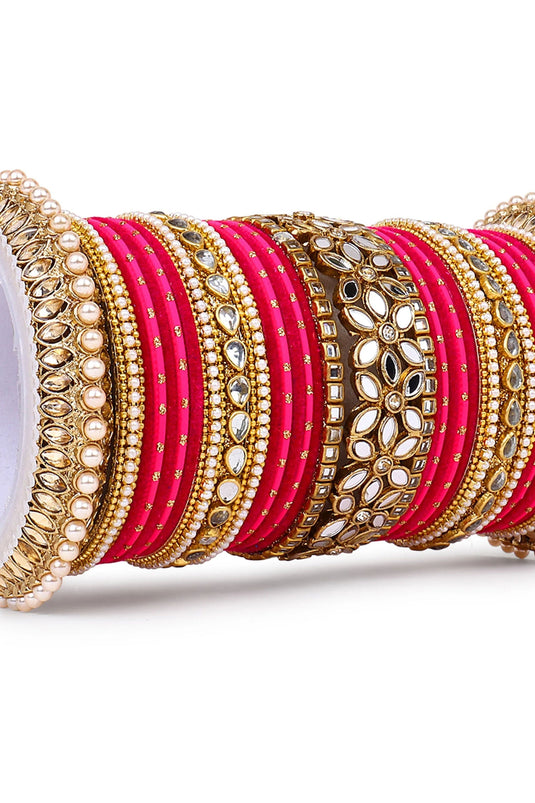 Rani Color Alloy Material Luminous Bridal Bangle Set With Flower Mirror Kada