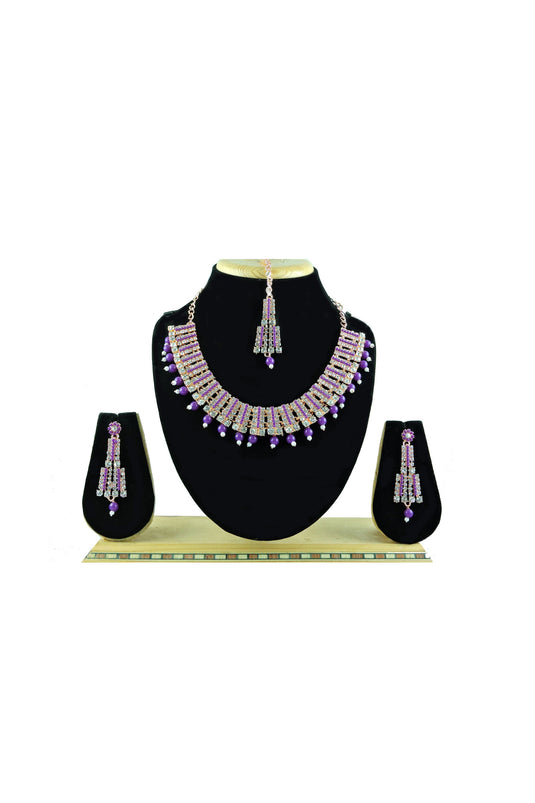 Classic Purple Color Necklace Set Earrings And Mang Tikka For Women In Alloy Material