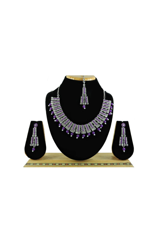 Purple Color Alloy Material Beauteous Necklace Set Earrings And Mang Tikka For Women