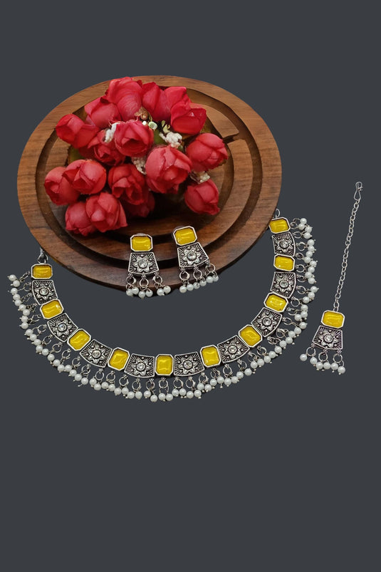 Yellow Color Stunning Oxidised Material Necklace With Earrings and Mang Tikka