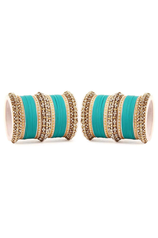 Artistic Alloy Material Cyan Color Bridal Matte Textured Bangle Set