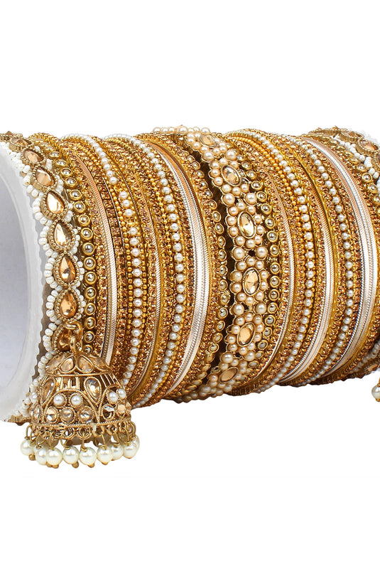 Function Special Golden Color Alloy Material Bangle Set With Kundan Jhumki