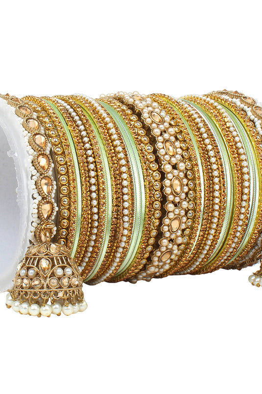 Function Special Alloy Material Bangle Set With Kundan Jhumki in Sea Green Color