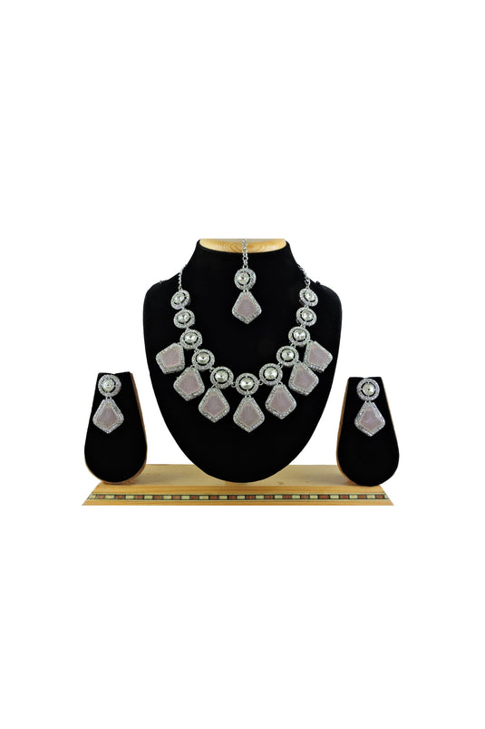 Incredible Alloy Material Pink Color Necklace With Earrings And Mang Tikka