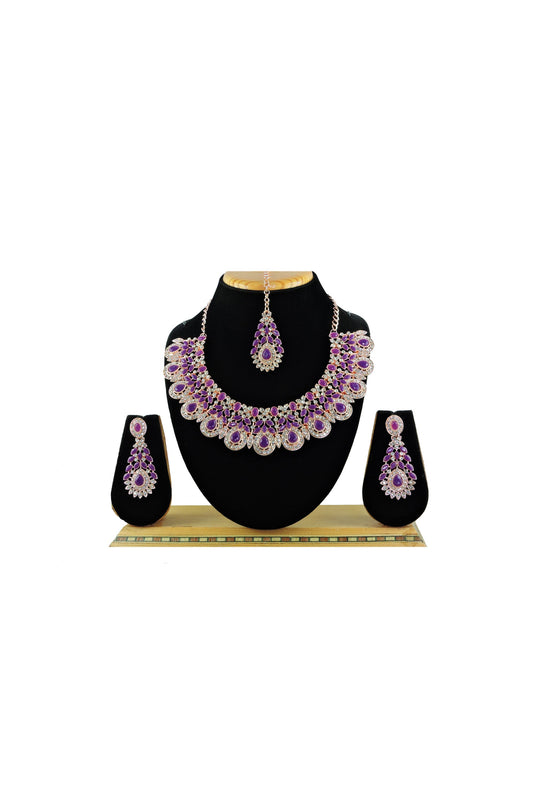 Purple Color Gorgeous Alloy Material Necklace with Earrings and Mang Tikka