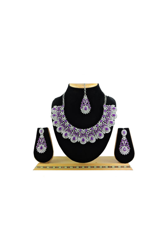 Purple Color Charismatic Alloy Material Necklace with Earrings and Mang Tikka