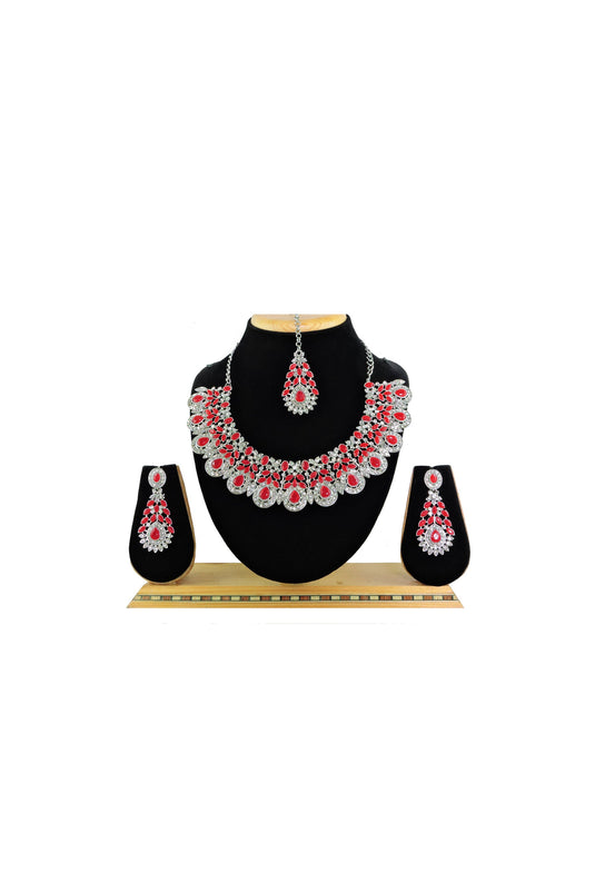 Ingenious Alloy Material Red Color Necklace with Earrings and Mang Tikka