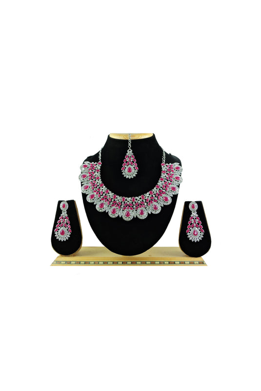 Phenomenal Alloy Material Rani Color Necklace with Earrings and Mang Tikka