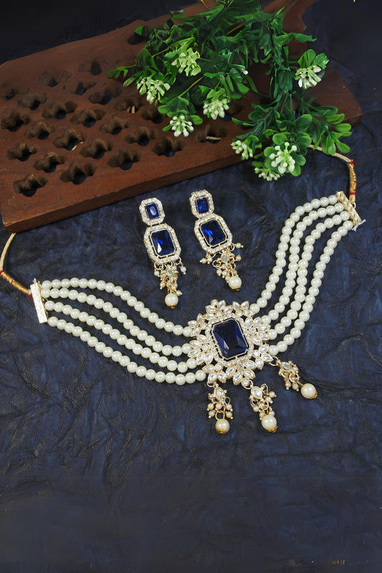 Artistic Alloy Material Blue Color Necklace With Earrings and Mang Tikka