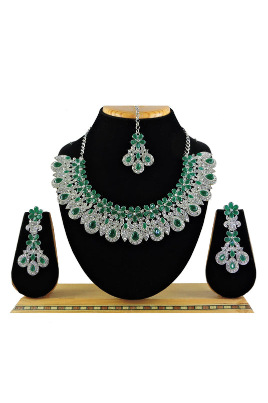 Bewitching Green Color Alloy Necklace with Earrings and Mang Tikka