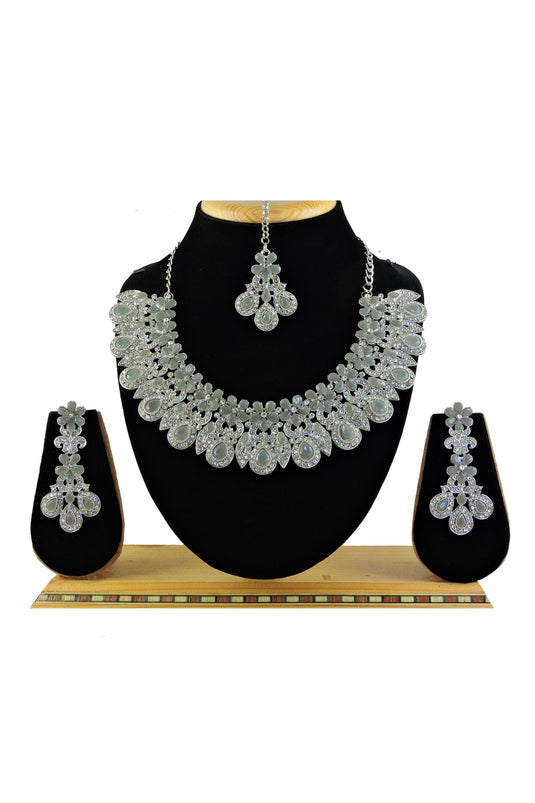 Coveted Grey Color Alloy Necklace with Earrings and Mang Tikka