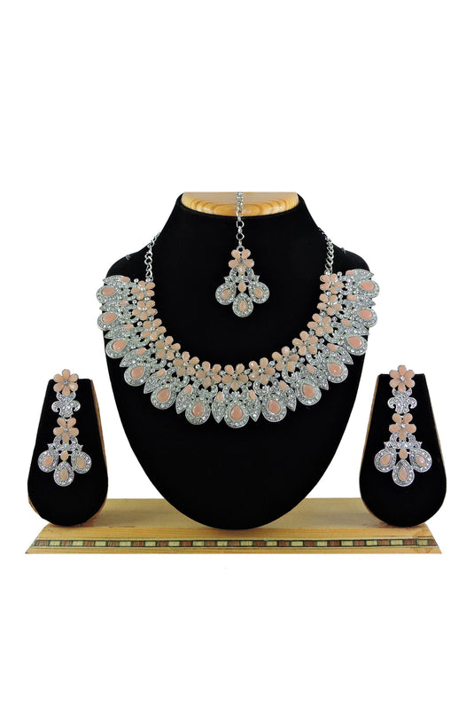 Trendy Alloy Necklace with Earrings and Mang Tikka In Peach Color