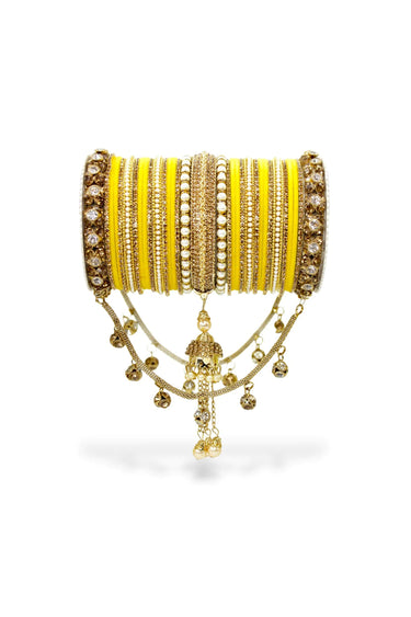 Yellow Color On Alloy Material Stunning Bridal Jhoola Style Bangle Set For Two Hands