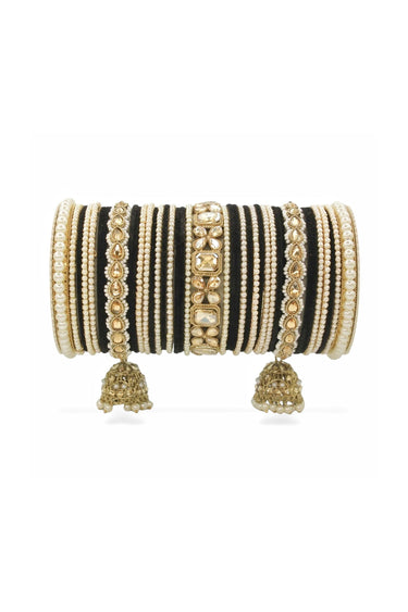 Black Color Admirable Jhumki Bridal Set With Pearl Kadas In Alloy Material