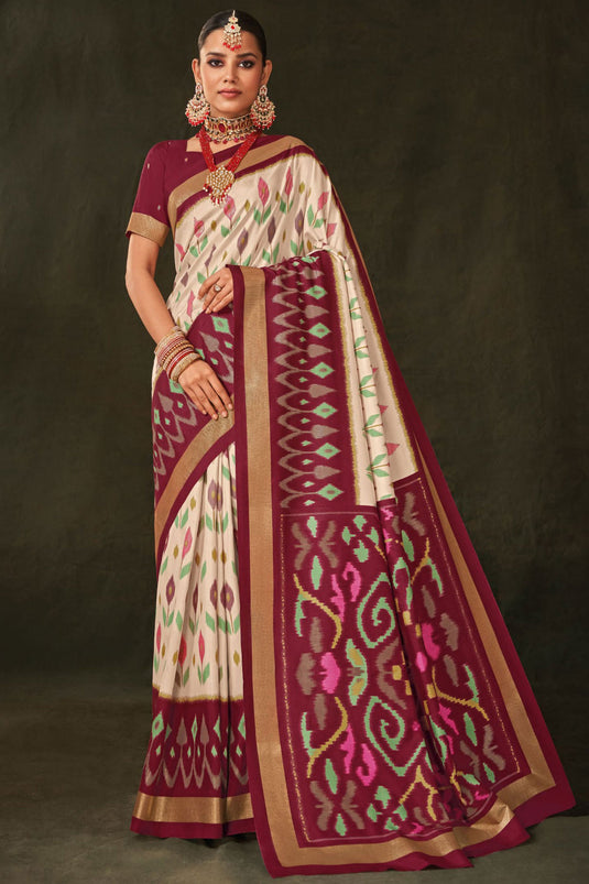 Creative Printed Work On Off White Color Art Silk Fabric Saree