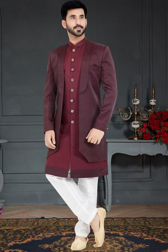 Enriching Maroon Color Satin Fabric Italian Indo Western