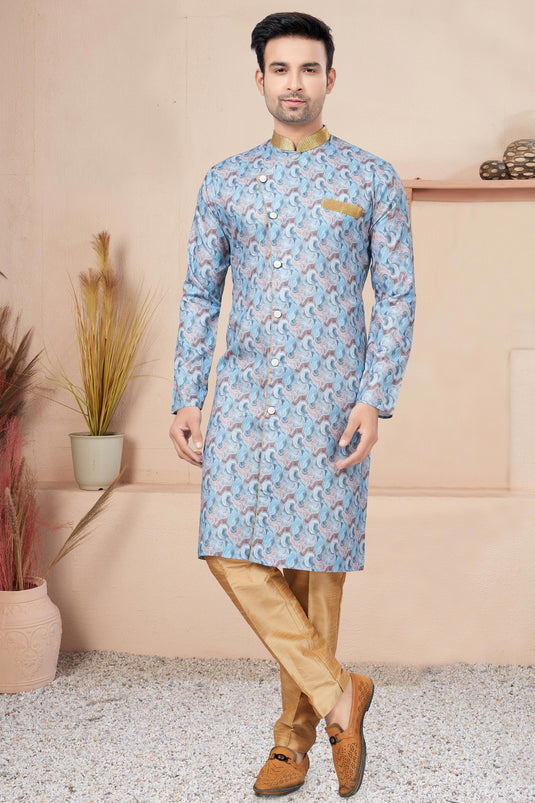 Stunning Printed Blue Color Readymade Men Indo Western