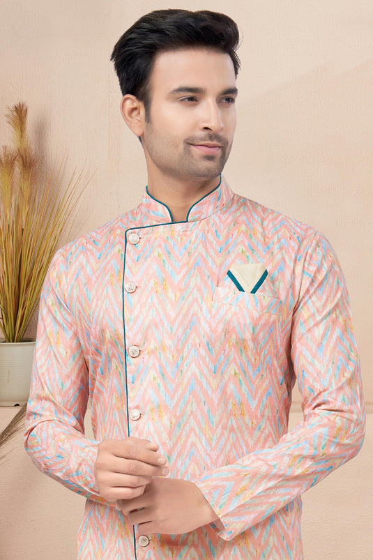 Attractive Printed Readymade Men Indo Western In Pink Color