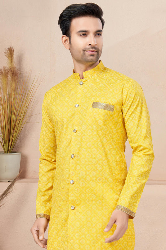 Printed Readymade Indo Western For Men In Yellow Cotton Fabric