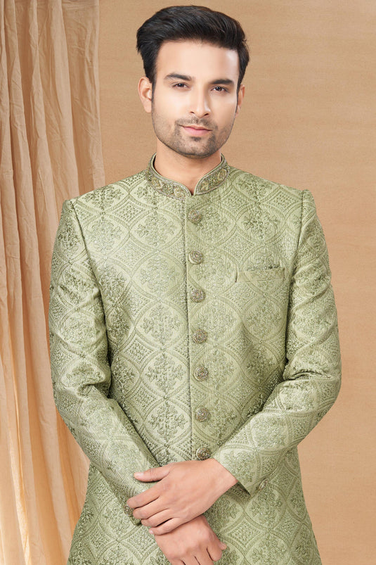 Green Color Fancy Fabric Designer Readymade Indo Western For Men