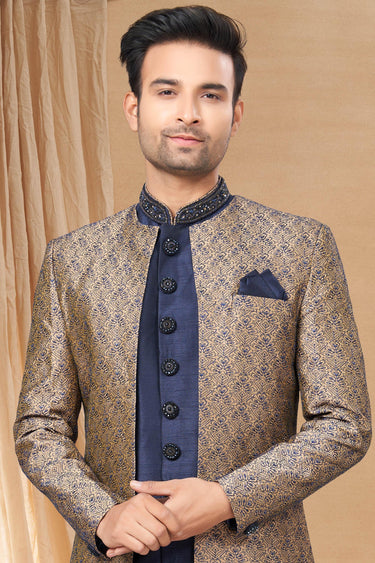 Navy Blue Color Gorgeous Art Silk Fabric Readymade Indo Western For Men