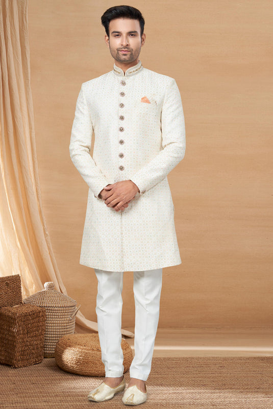 Fancy Fabric Off White Color Readymade Designer Men Indo Western