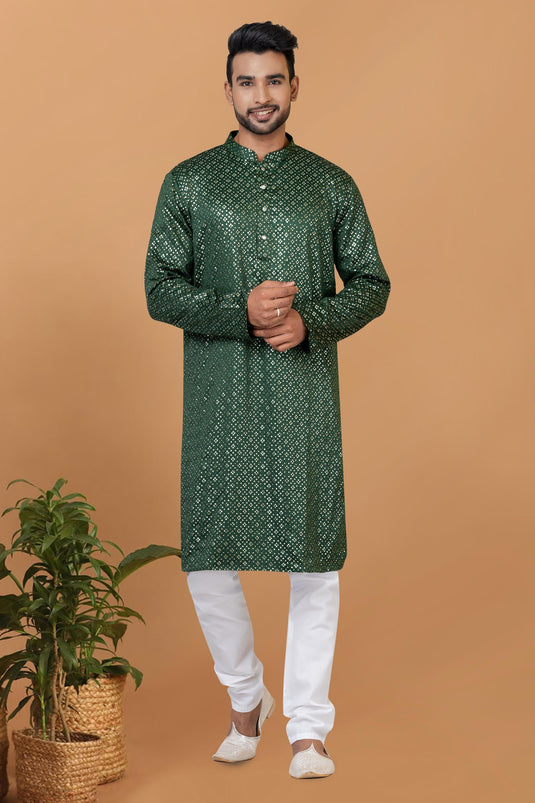 Dark Green Color Sequins Embroidery Gajji Silk Fabric Striking Readymade Kurta Pyjama For Men