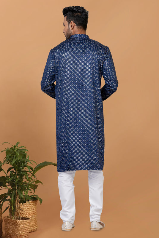 Attractive Sequins Embroidery Readymade Kurta Pyjama For Men In Blue Color Gajji Silk Fabric