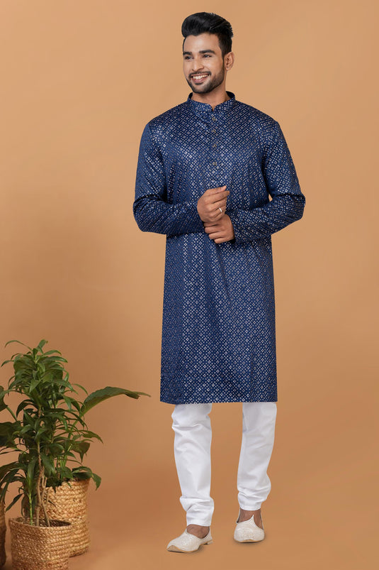 Attractive Sequins Embroidery Readymade Kurta Pyjama For Men In Blue Color Gajji Silk Fabric