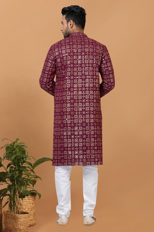 Maroon Georgette Fabric Sequins Embroidery Trendy Readymade Kurta Pyjama For Men