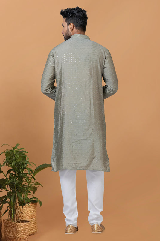 Stunning Sequins Embroidery Grey Color Readymade Men Kurta Pyjama